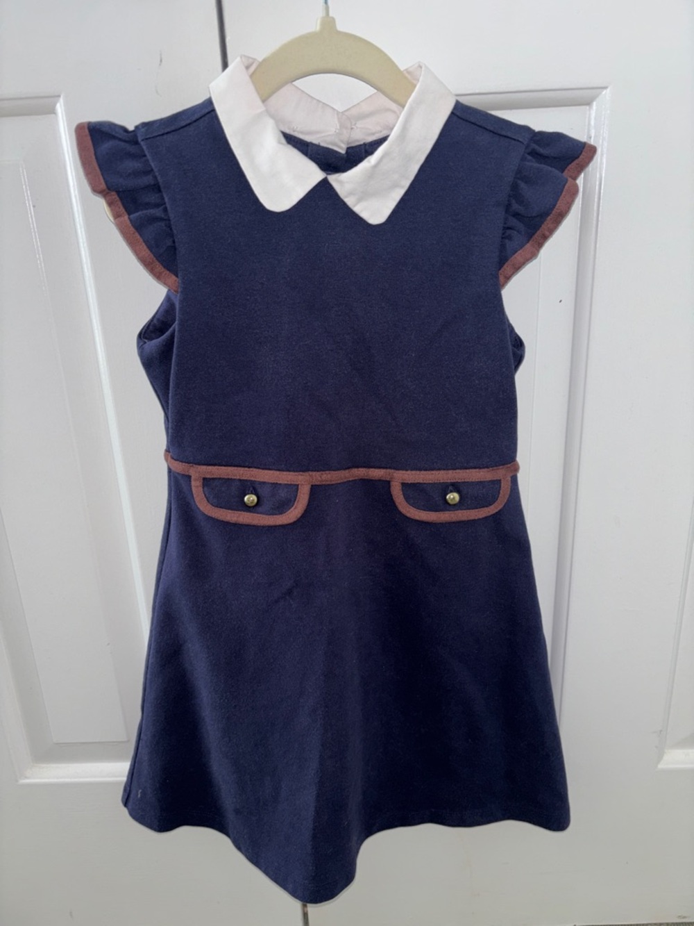 Janie and Jack Classic Navy Peter Pan Collar Kids Dress with Brown Trim 6